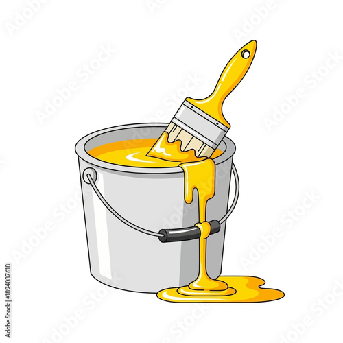 Yellow paint spilling from bucket with dripping paintbrush, isolated on white background