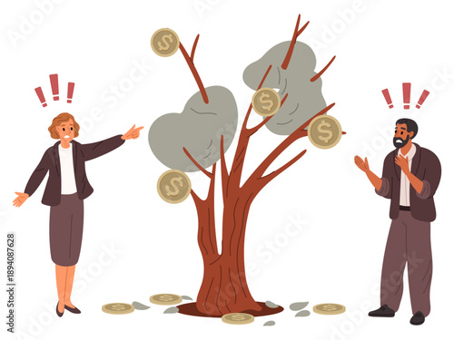 Man and woman upset about dying money tree. Economic downturn or crisis. Financial investment failure. Currency inflation. Frustrated businessman panic. Vector concept of loss of income