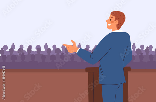 Male speaker speaks on stage in front of people. Man standing at tribune. Business conference audience. Candidates rostrum podium. Political discussion. Vector concept of public speech