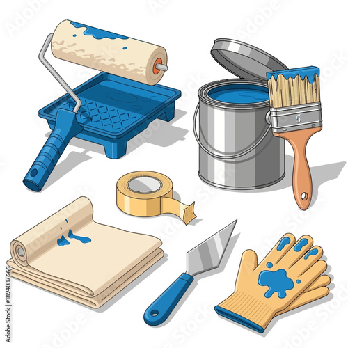Painting Supplies: Roller, Brush, Gloves, Tape, Paint Can, and Putty Knife