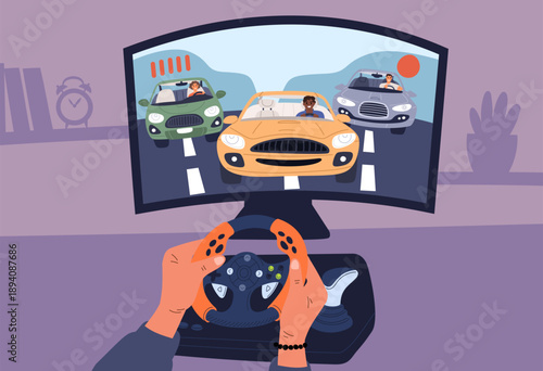 Male gamer plays video game. Players hands holding gaming steering wheel for racing on computer. Joystick and device screen. Videogame display at monitor. Wireless gamepad. Vector concept