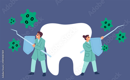Male and female dentists protect teeth from bacteria and germs. Doctors with spears and shields. Protection from caries. Big molar. Oral hygiene and care. Vector concept of dental health