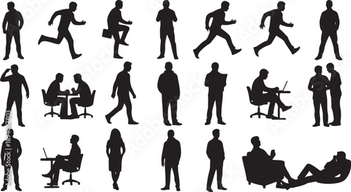 Silhouettes of businessmen in various office settings and actions