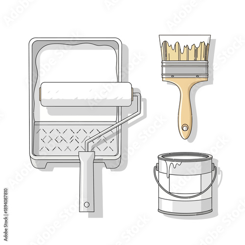 Paint Roller, Brush, and Can Illustration - Home Renovation Tools