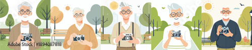grandpa photographer in the park in a simple and minimalist flat design vector style
