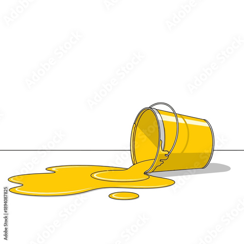 Yellow paint bucket spilled on floor, liquid puddle, accident, mess, illustration