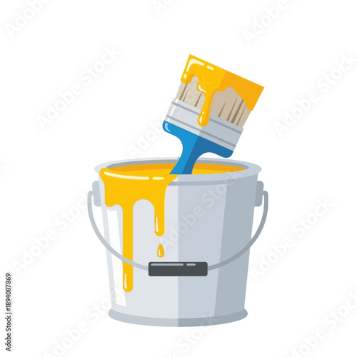 Yellow paint dripping from a paintbrush into an open bucket, creative illustration