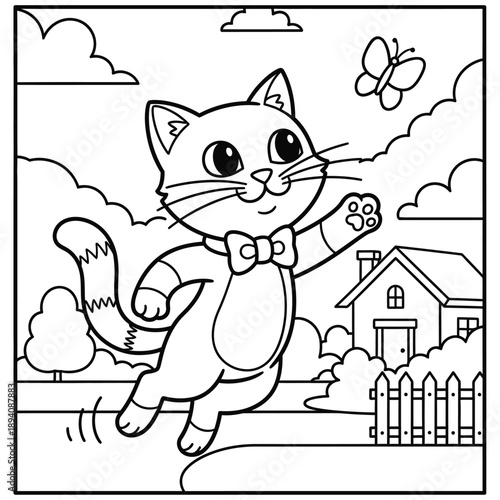 Cheerful Cartoon Cat Jumping Outdoors with Butterfly in a Playful Garden Scene Near a House – Cute Animal Coloring Page Illustration