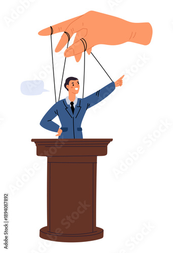 Large hand manipulates politician with strings. Puppeteer controlling president. Vote candidate at tribune. Dominance at puppet. Corrupted democracy. Hidden leadership. Vector concept