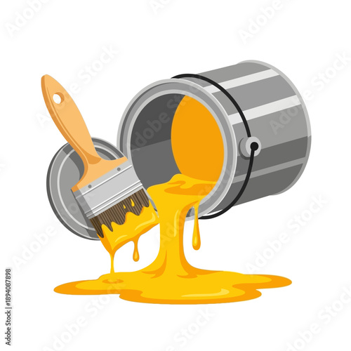 Yellow paint spilling from an open can with a paintbrush, isolated on white background.