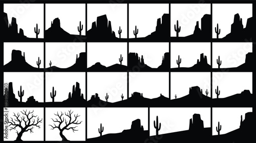 Desert landscape silhouette set with mesas, cacti, rocky hills and dead trees, western scenery panoramas isolated on white
