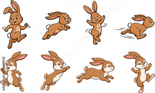 Easter sunday cartoon bunnies in various playful poses celebrating springtime joy and holiday cheer with easter eggs
