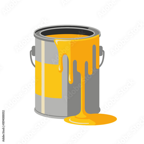 Yellow paint can spilling bright liquid, isolated on white background, home renovation concept
