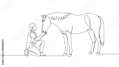 Continuous single line art drawing of a person kneeling and gently interacting with a majestic horse, symbolizing a strong bond and companionship
