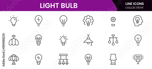 Light bulb idea line icons. Vector electric energy lamps and lightbulbs isolated outline symbols for creative solution, idea, innovation and inspiration concept.