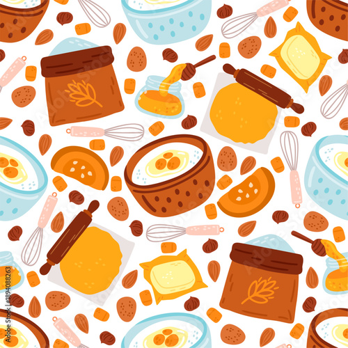 Ingredients for baking cakes and cookies seamless pattern. Products for cooking. Flour bag. Eggs whisk. Dough roll. Muffin culinary recipe with butter. Nuts and honey. Vector background