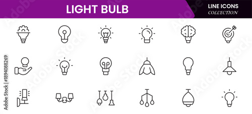 Light bulb idea line icons. Vector electric energy lamps and lightbulbs isolated outline symbols for creative solution, idea, innovation and inspiration concept.