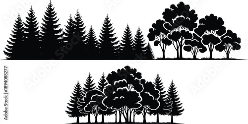 Forest silhouettes with coniferous and deciduous trees, black vector woodland landscape illustration isolated on white background
