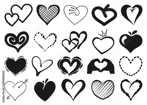 Hand drawn hearts. Valentines icons. Romantic doodle shapes. Paintbrush graphic strokes. Romance and passion. Amour sign. Marker silhouette elements. Vector set of abstract symbols of love
