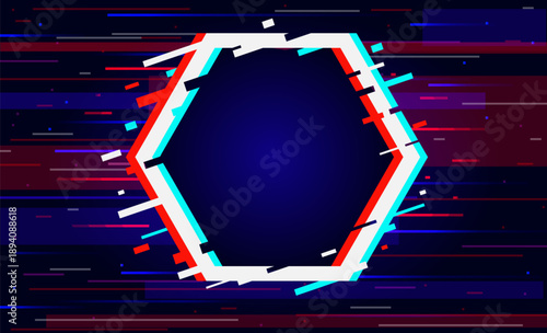 Frame template on dark background with glitch effect. Cyber dynamic distortion grainy border. Visual noise screen. Hexagon abstract geometric shape. Vector pixel defect graphic banner