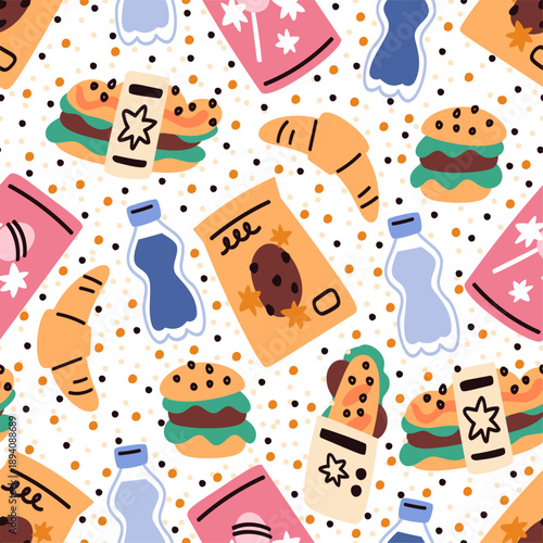 Fast food seamless pattern. Sweets in bright packaging. Water in plastic bottles. Repeated print. Burger and croissant. Cookies wrapper. Vending snacks. Lunch fastfood. Vector background