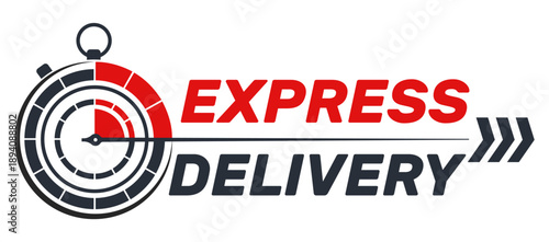 Express delivery with stopwatch for advertising or banner design. Order transportation. Logistic deadline. Minutes countdown. Limited seconds counting. Fast cargo service vector sticker