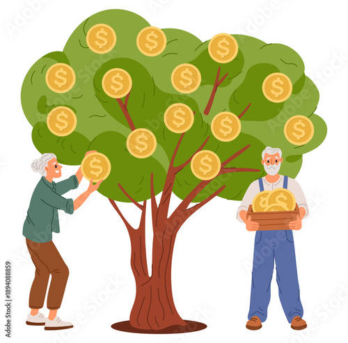 Elderly couple collect gold coins from money tree. Pension fund. Grandparents picking dollar cash. Old people wealth. Financial investment success. Vector concept of retirement savings