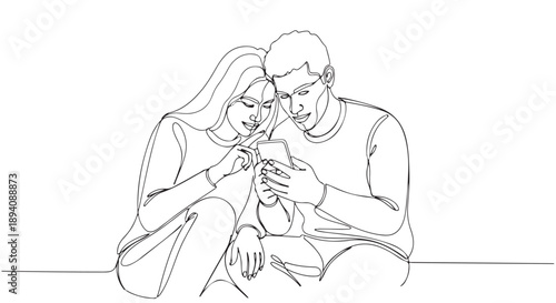 Continuous line art drawing of a young couple happily looking at a smartphone screen, depicting shared digital experience and modern communication