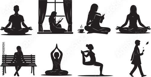 Silhouette of people practicing yoga and meditation in various poses