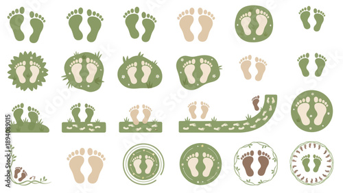 Footprints and eco friendly icons set. Spring Vector Packs. EPS Editable