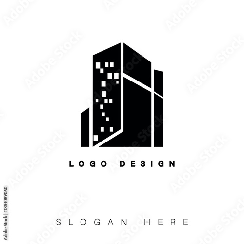 Modern Black Skyscraper Logo Design on White Background for Luxury Real Estate Branding Urban Architecture Firm Icon High Rise Building Development Identity Minimalist Property