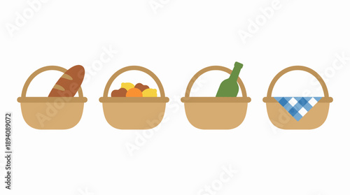Four baskets with food and wine. Spring Vector Packs. EPS Editable