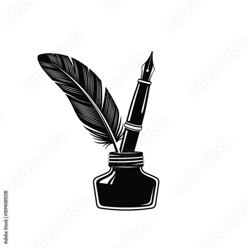 Vintage black inkwell with quill pen for writing and drawing