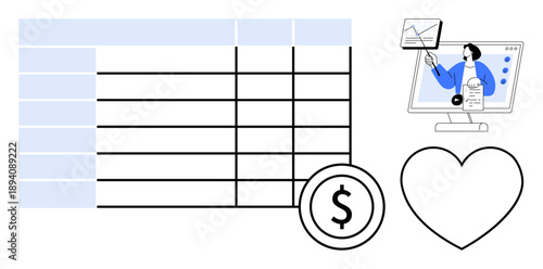 Financial data concept. Financial data ed through a table, dollar symbol, and tech interface budget planning and analytics. Financial management for businesses, fintech applications, budgeting tools