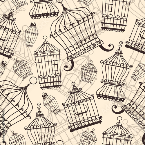 Black metal openwork cages for keeping birds seamless pattern. Vintage birdcages. Birdie perches. Pets homes. Repeated print. Silhouette houses for parrots and canaries. Vector background