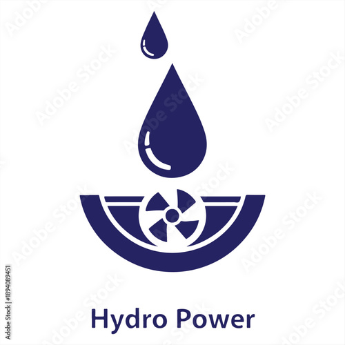 A logo representing hydro power with a water droplet and turbine on a white background