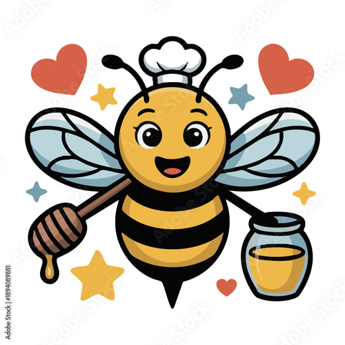 Cute cartoon bee with honeycomb flat vector illustration, easily editable.