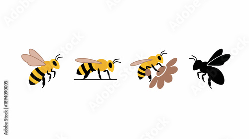 Four bees in different positions and colors. Spring Vector Packs. EPS Editable