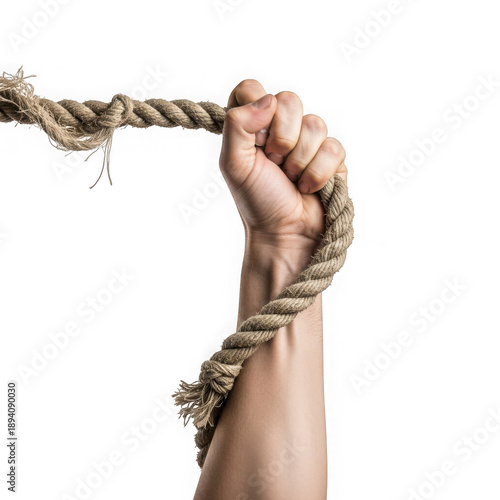 Wallpaper Mural Strong human hand firmly gripping a thick, worn rope, symbolizing strength and effort, isolated on transparent background. Torontodigital.ca