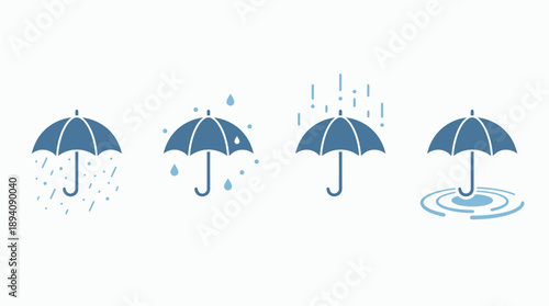 Four blue umbrellas in rain sequence. Spring Vector Packs. EPS Editable