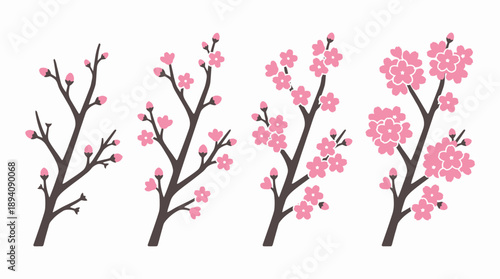Four cherry blossom tree branches blooming. Spring Vector Packs. EPS Editable