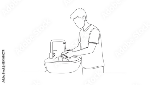 A simple and clear line drawing illustrating a person washing their hands at a sink