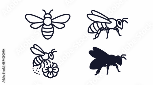 Four different bee illustrations on white. Spring Vector Packs. EPS Editable