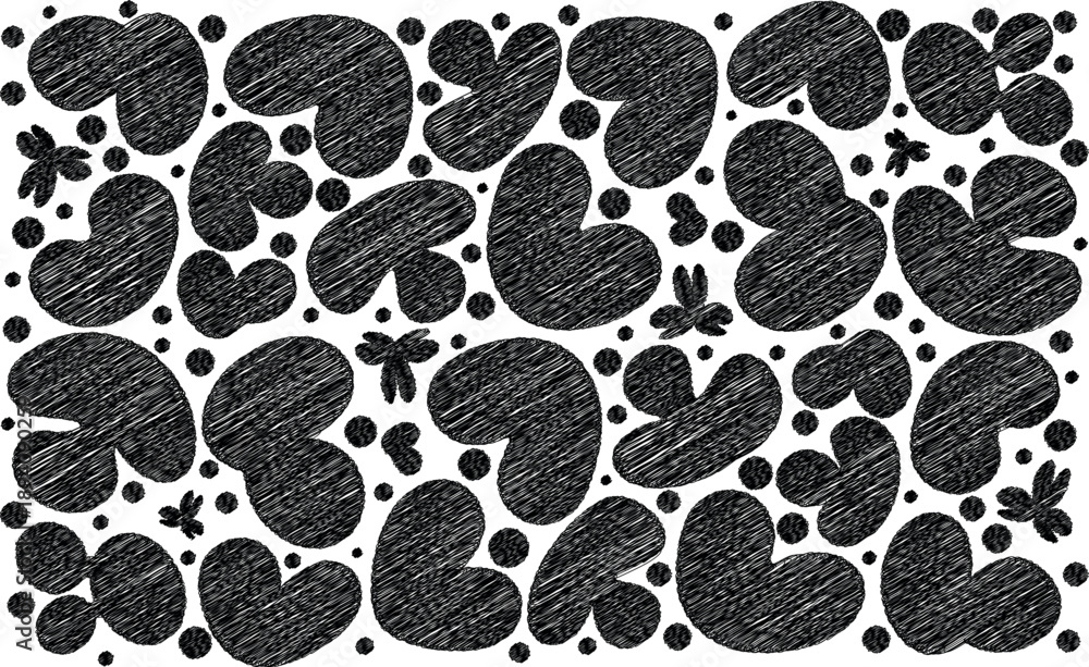 Fototapeta premium Seamless Love Pattern Vector Texture with Heart and Dog Skin Style, Black Coffee Leaf Nature Ornament Design for Wallpaper, Textile Print, Fabric, Backdrop and Decorative Illustration
