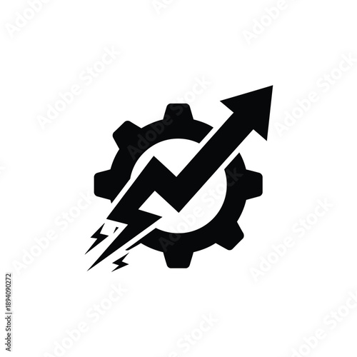 Black icon of a gear with a lightning bolt and arrow on a indicating growth and efficiency