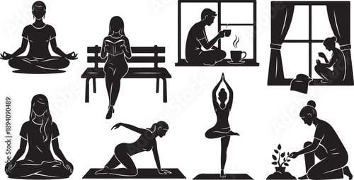 Silhouettes of people in various yoga and meditation poses
