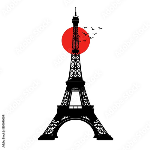 eiffel tower paris with sun and bird on white background