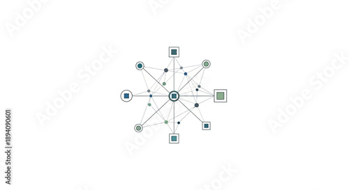 Abstract Digital Network Connection with Interconnected Dots and Squares on an Isolated White Background