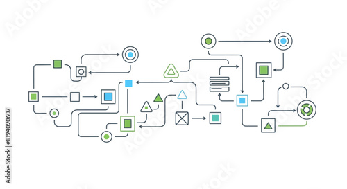 Complex Flowchart Diagram with Interconnected Nodes and Process Steps on an Isolated White Background