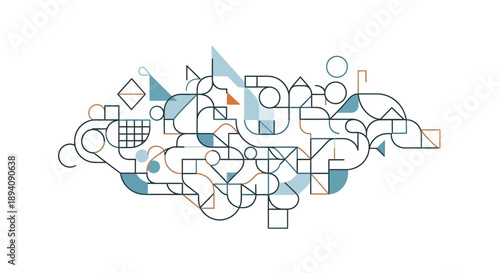 Abstract Geometric Network Diagram with Connected Shapes and Lines on an Isolated White Background